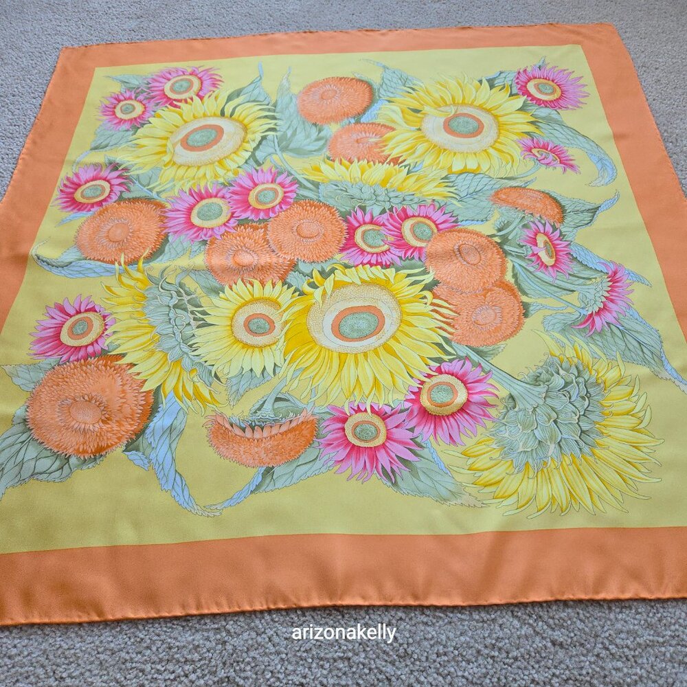 Large Silk Twill Scarf Hand-Rolled Sunflowers Floral Orange Yellow - Picture 9 of 12